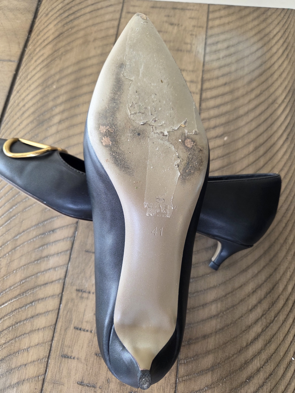 Valentino Black Leather Pointed-Toe Flats with Gold V Logo - Picture 5 of 5
